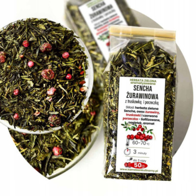 HERBATA zielona Sencha ŻURAWINOWA z truskawką 50g