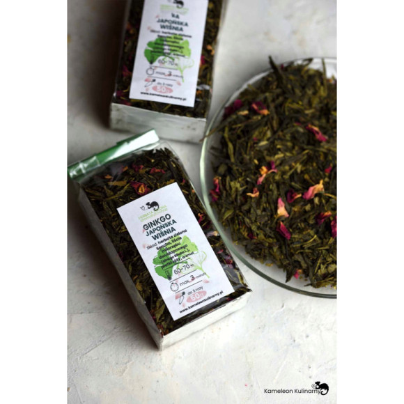 HERBATA ZIEONA aromatyzowana GINGKO JAPOŃSKA WIŚNIA z miłorzębem i rożą 50g HERBATA ZIEONA aromatyzowana GINGKO JAPOŃSKA WIŚNIA z miłorzębem i rożą 50g