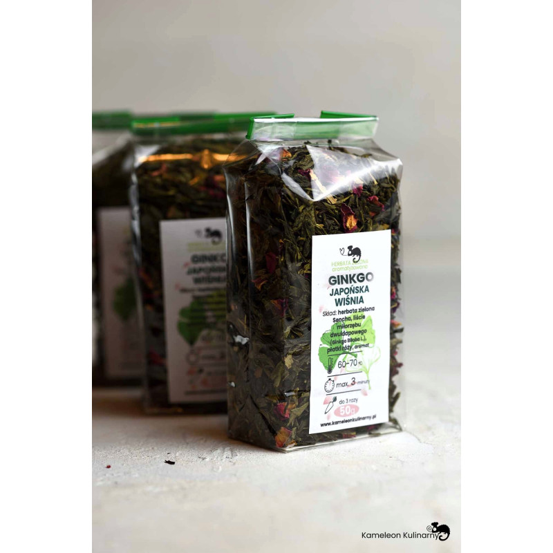 HERBATA ZIEONA aromatyzowana GINGKO JAPOŃSKA WIŚNIA z miłorzębem i rożą 50g