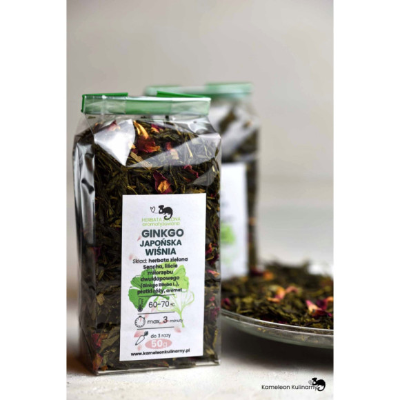 HERBATA ZIEONA aromatyzowana GINGKO JAPOŃSKA WIŚNIA z miłorzębem i rożą 50g HERBATA ZIEONA aromatyzowana GINGKO JAPOŃSKA WIŚNIA z miłorzębem i rożą 50g