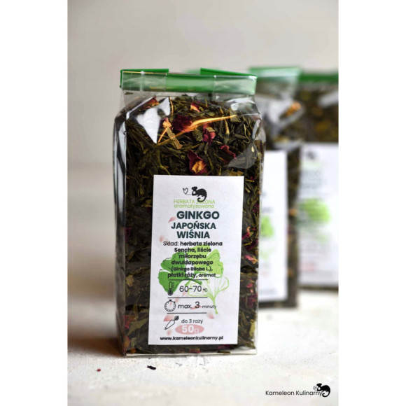 HERBATA ZIEONA aromatyzowana GINGKO JAPOŃSKA WIŚNIA z miłorzębem i rożą 50g HERBATA ZIEONA aromatyzowana GINGKO JAPOŃSKA WIŚNIA z miłorzębem i rożą 50g