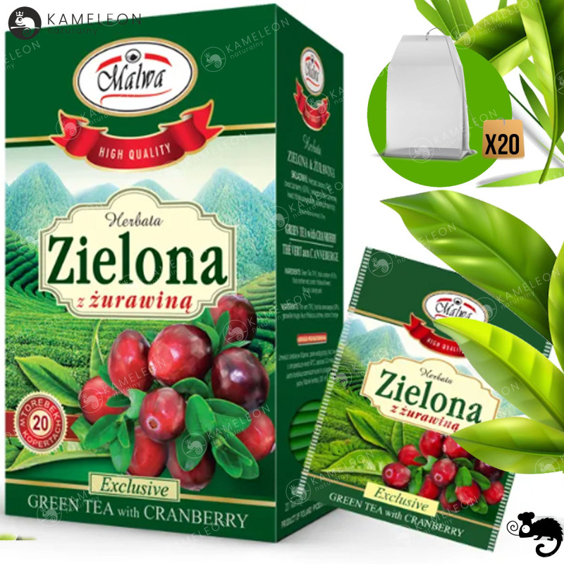 MALWA HERBATA ZIELONA High quality Z ŻURAWINĄ żurawinowa x20 saszetek 40G