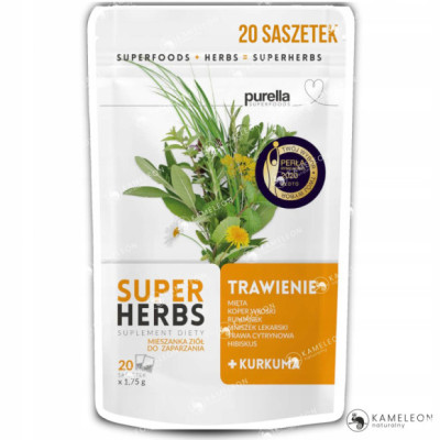 PURELLA SUPERHERBS herbata TRAWIENIE Mięta Kopr Rumianek Mniszek + KURKUMA