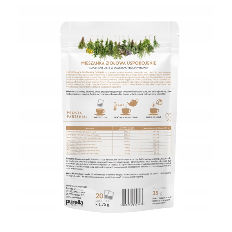 PURELLA SUPERHERBS herbata USPOKOJENIE Melisa Lawenda Chmiel + ASHWAGANDHA
