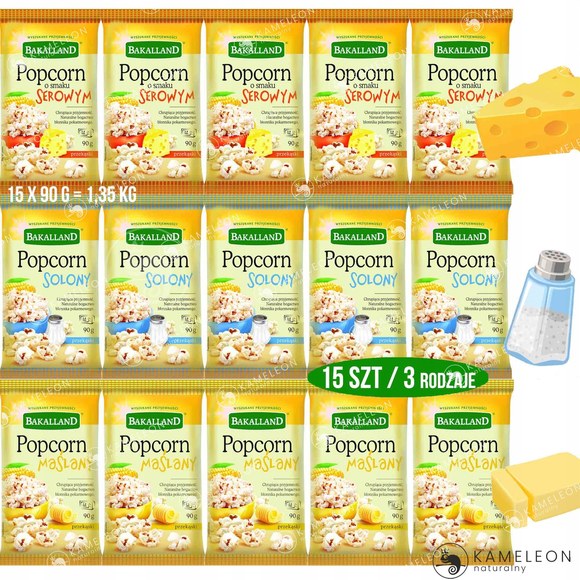 BAKALLAND POPCORN DO MIKROFALÓWKI 15szt MIX SMAKÓW Maślany