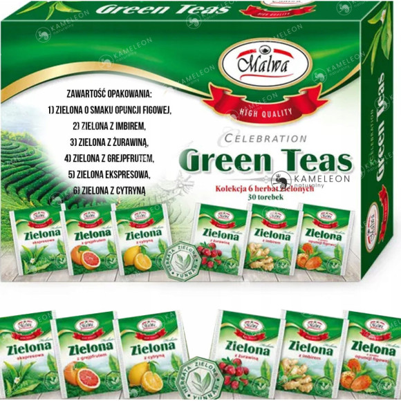 ZESTAW HERBAT ZIELONYCH smakowych MALWA GREEN TEAS ZESTAW HERBAT ZIELONYCH smakowych MALWA GREEN TEAS