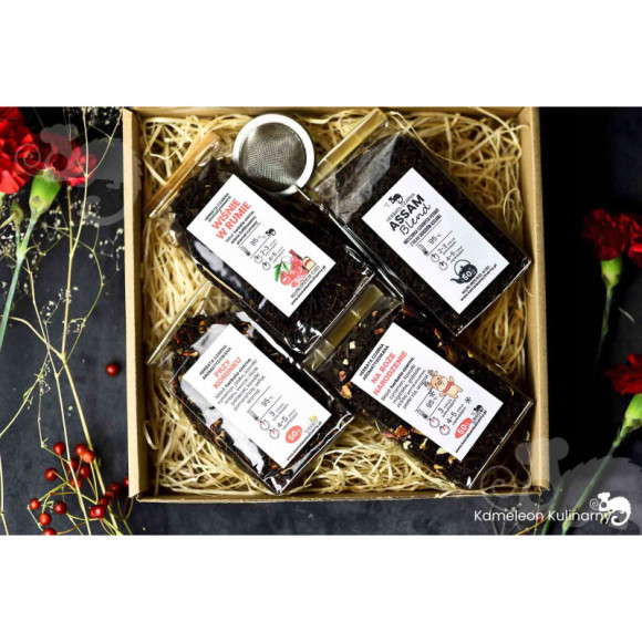 ZESTAW PREZENTOWY 4 herbaty CZARNE 200g +zaparzacz ZESTAW PREZENTOWY 4 herbaty CZARNE 200g +zaparzacz