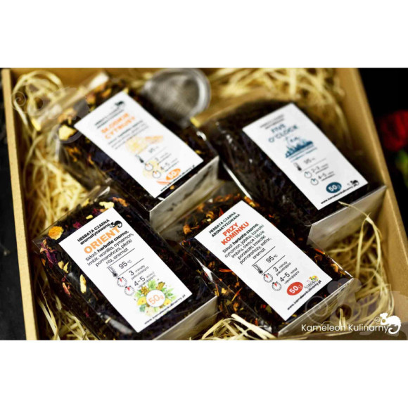 ZESTAW PREZENTOWY 4 herbaty CZARNE 200g +zaparzacz ZESTAW PREZENTOWY 4 herbaty CZARNE 200g +zaparzacz