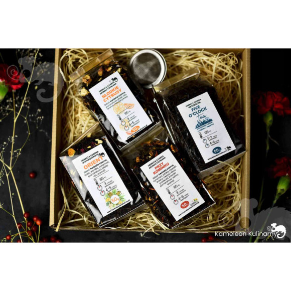 ZESTAW PREZENTOWY 4 herbaty CZARNE 200g +zaparzacz ZESTAW PREZENTOWY 4 herbaty CZARNE 200g +zaparzacz