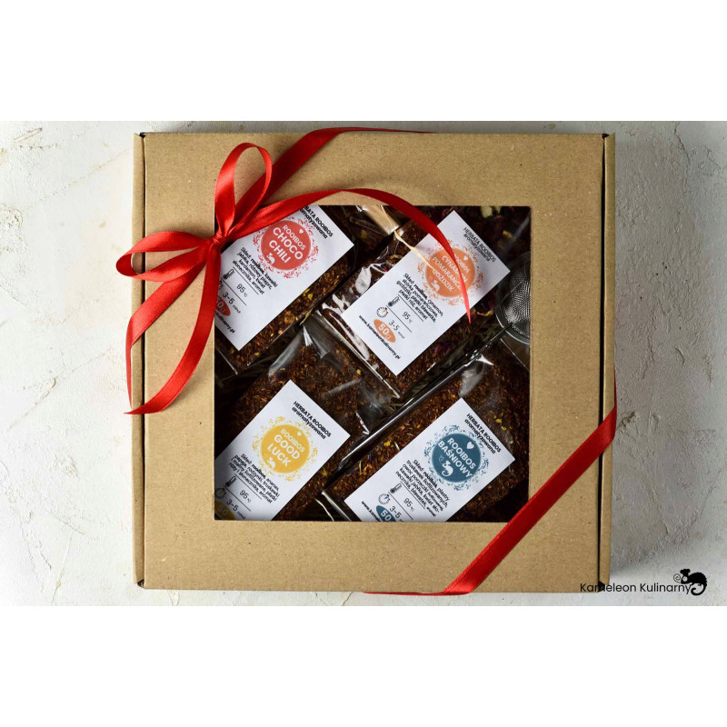 ZESTAW PREZENTOWY 4 herbaty ROOIBOS i zaparzacz