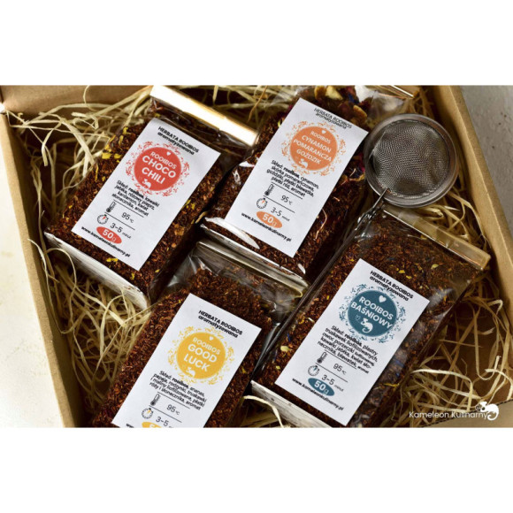 ZESTAW PREZENTOWY 4 herbaty ROOIBOS i zaparzacz ZESTAW PREZENTOWY 4 herbaty ROOIBOS i zaparzacz