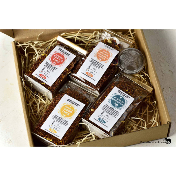 ZESTAW PREZENTOWY 4 herbaty ROOIBOS i zaparzacz ZESTAW PREZENTOWY 4 herbaty ROOIBOS i zaparzacz