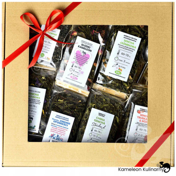ZESTAW PREZENTOWY DUŻY 7 herbat 350g + zaparzacz ZESTAW PREZENTOWY DUŻY 7 herbat 350g + zaparzacz