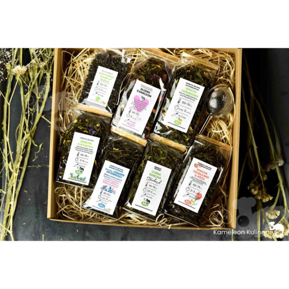 ZESTAW PREZENTOWY DUŻY 7 herbat 350g + zaparzacz ZESTAW PREZENTOWY DUŻY 7 herbat 350g + zaparzacz