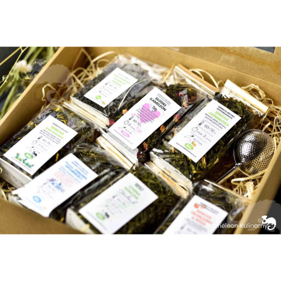 ZESTAW PREZENTOWY DUŻY 7 herbat 350g + zaparzacz ZESTAW PREZENTOWY DUŻY 7 herbat 350g + zaparzacz