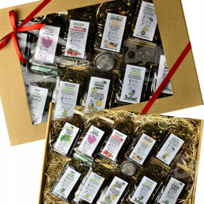 ZESTAW PREZENTOWY DUŻY zielona herbata AROMATYZOWANA 10x50 500g + zaparzacz