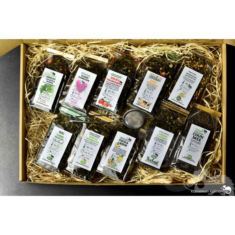 ZESTAW PREZENTOWY DUŻY zielona herbata AROMATYZOWANA 10x50 500g + zaparzacz