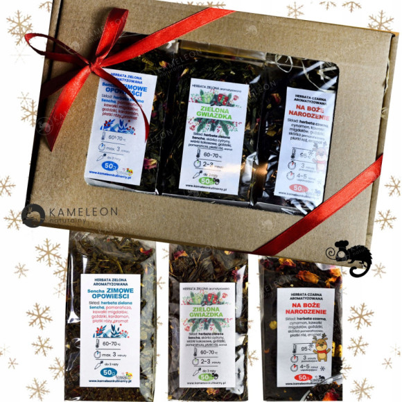 ZESTAW PREZENTOWY HERBATA ŚWIĄTECZNA AROMATYZOWANA czarna zielona 3x50 150g ZESTAW PREZENTOWY HERBATA ŚWIĄTECZNA AROMATYZOWANA czarna zielona 3x50 150g