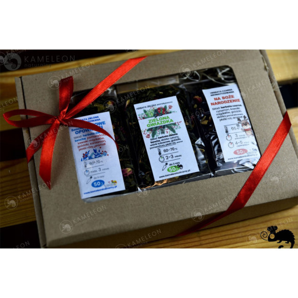 ZESTAW PREZENTOWY HERBATA ŚWIĄTECZNA AROMATYZOWANA czarna zielona 3x50 150g ZESTAW PREZENTOWY HERBATA ŚWIĄTECZNA AROMATYZOWANA czarna zielona 3x50 150g