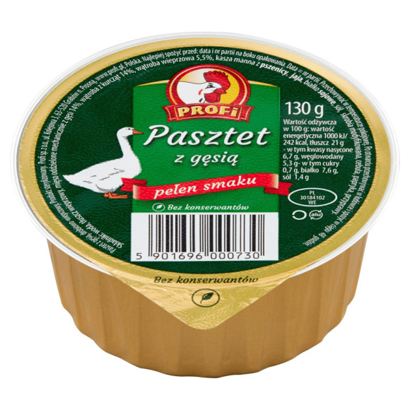 PASZTET DROBIOWO-WIEPRZOWY Z GĘSIĄ bez konserwantów 130g Profi Z KOGUCIKIEM