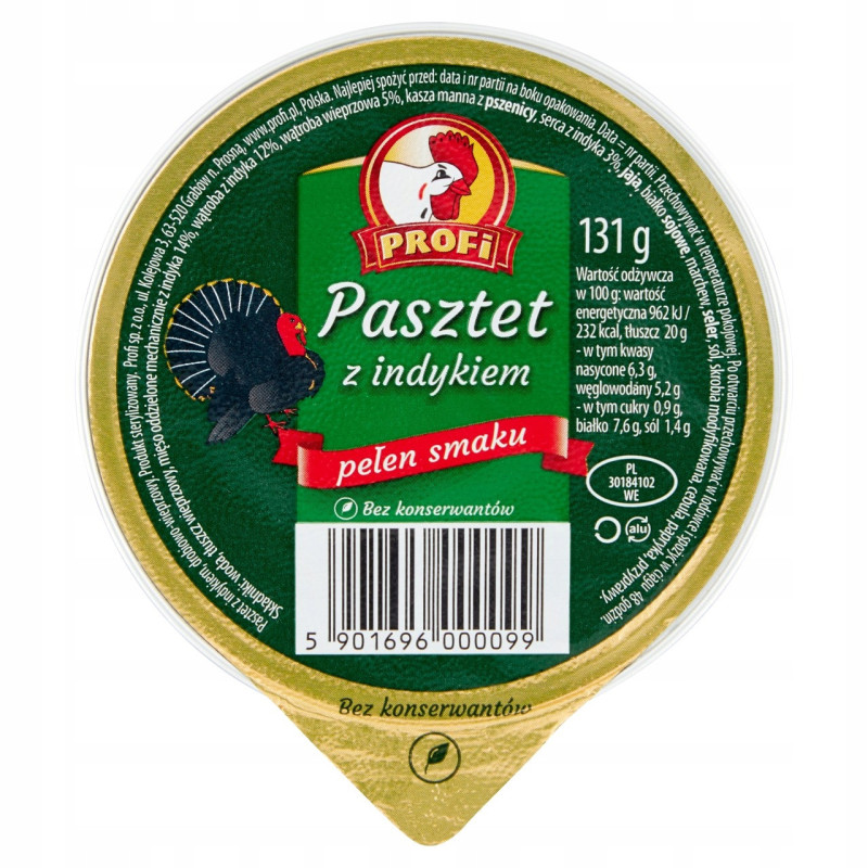 PASZTET DROBIOWO-WIEPRZOWY Z INDYKIEM bez konserwantów 131g Profi KOGUCIK