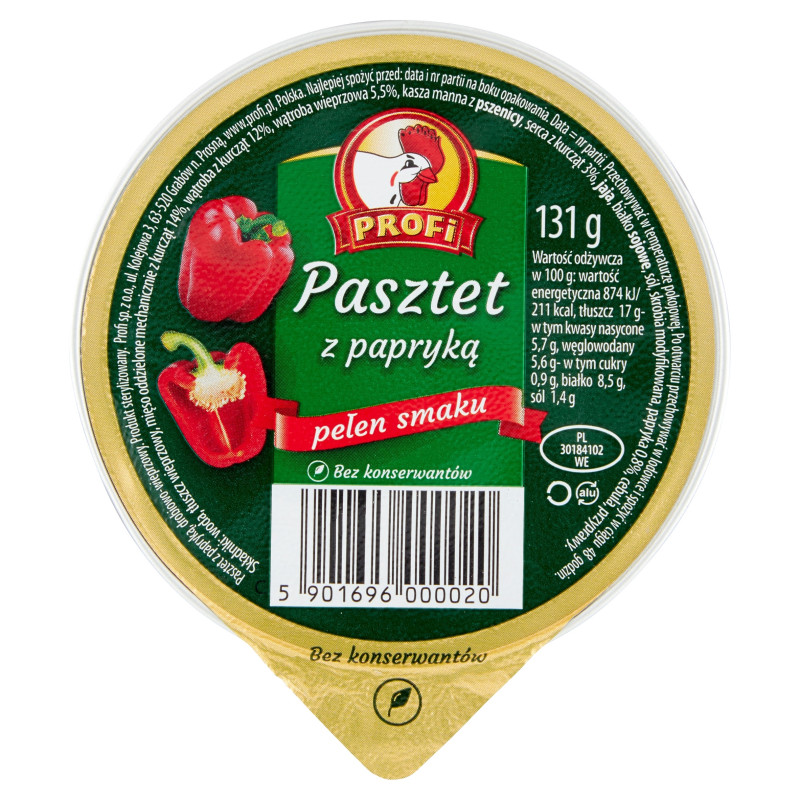 PASZTET DROBIOWO-WIEPRZOWY Z PAPRYKĄ PAPRYKOWY bez konserwantów 131g Profi