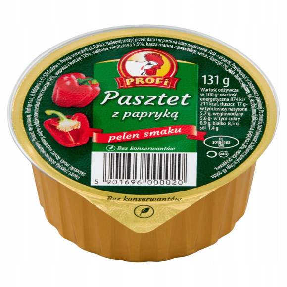PASZTET DROBIOWO-WIEPRZOWY Z PAPRYKĄ PAPRYKOWY bez konserwantów 131g Profi PASZTET DROBIOWO-WIEPRZOWY Z PAPRYKĄ PAPRYKOWY bez konserwantów 131g Profi