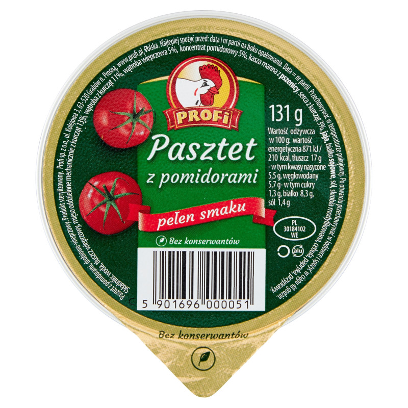 PASZTET DROBIOWO-WIEPRZOWY Z POMIDORAMI bez konserwantów 131g Profi KOGUCIK