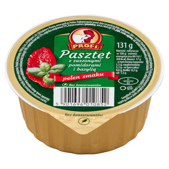 PASZTET DROBIOWO-WIEPRZOWY Z SUSZONYMI POMIDORAMI I BAZYLIĄ 131g Profi PASZTET DROBIOWO-WIEPRZOWY Z SUSZONYMI POMIDORAMI I BAZYLIĄ 131g Profi