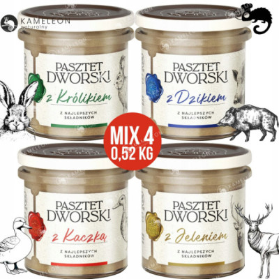 PASZTET DWORSKI Z KRÓLIKIEM DZIKIEM KACZKĄ JELENIEM mix 4 130g 0,52KG PROFI