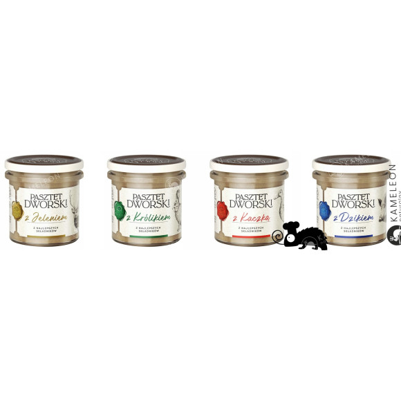 PASZTET DWORSKI Z KRÓLIKIEM DZIKIEM KACZKĄ JELENIEM mix 4 130g 0,52KG PROFI