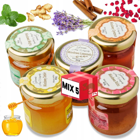 MIODKI SMAKOWE mix RÓŻA LAWENDA IMBIR CYNAMON MIĘTA 45g x5 małe NA PREZENT
