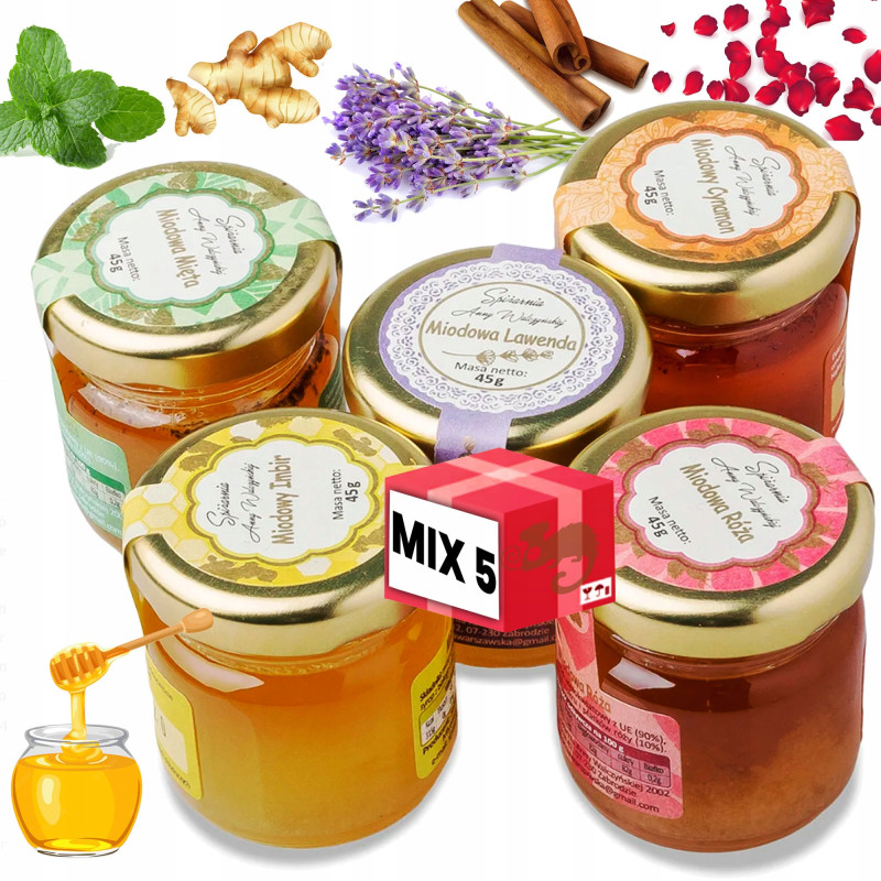 MIODKI SMAKOWE mix RÓŻA LAWENDA IMBIR CYNAMON MIĘTA 45g x5 małe NA PREZENT