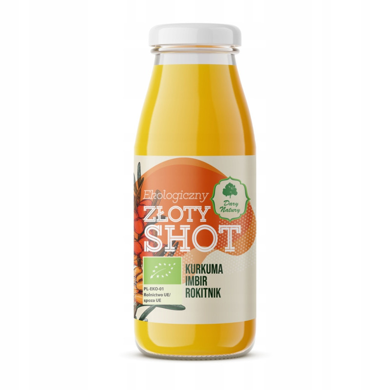 NAPÓJ EKOLOGICZNY eko ZŁOTY SHOT 250ml KURKUMA IMBIR ROKITNIK MIÓD Dary Nat