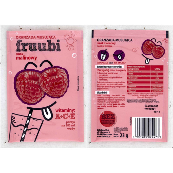 ORANŻADA MUSUJĄCA FRUUBI smak Malinowy MALINOWA MALINA z wit A C E na 200ml ORANŻADA MUSUJĄCA FRUUBI smak Malinowy MALINOWA MALINA z wit A C E na 200ml