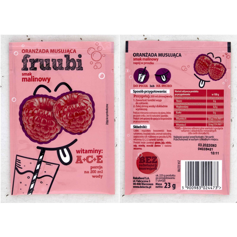 ORANŻADA MUSUJĄCA FRUUBI smak Malinowy MALINOWA MALINA z wit A C E na 200ml
