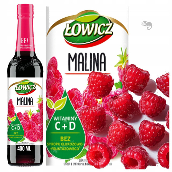 SYROP owocowy MALINOWY MALINA MALINY z witaminą C D - 400ml x3 1,2L ŁOWICZ SYROP owocowy MALINOWY MALINA MALINY z witaminą C D - 400ml x3 1,2L ŁOWICZ