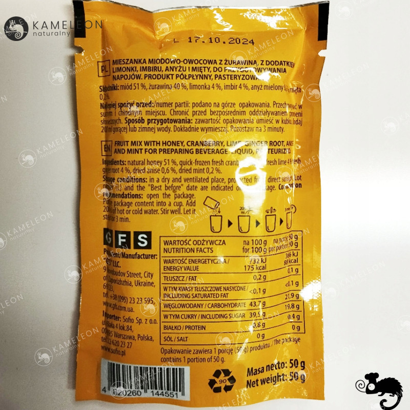 YOGODA MIESZANKA MIODOWO OWOCOWA do przygotowania NAPOJÓW ŻURAWINA 50g