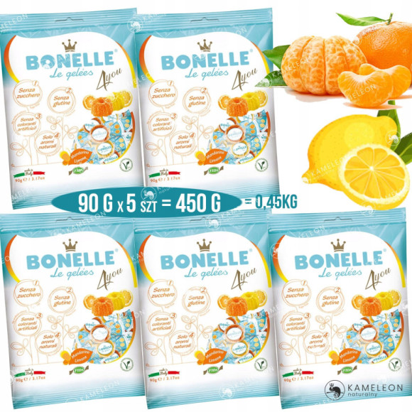 ŻELKI WEGAŃSKIE Bez Cukru Glutenu Żelatyny CYTRYNA MANDARYNKA 450g BONELLE ŻELKI WEGAŃSKIE Bez Cukru Glutenu Żelatyny CYTRYNA MANDARYNKA 450g BONELLE