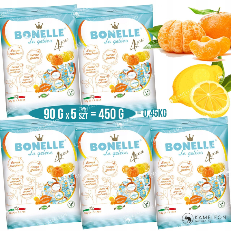 ŻELKI WEGAŃSKIE Bez Cukru Glutenu Żelatyny CYTRYNA MANDARYNKA 450g BONELLE