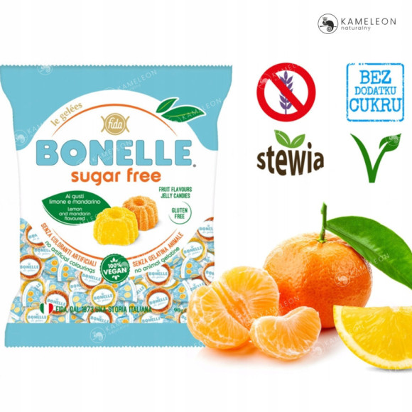 ŻELKI WEGAŃSKIE Bez Cukru Glutenu Żelatyny CYTRYNA MANDARYNKA 450g BONELLE ŻELKI WEGAŃSKIE Bez Cukru Glutenu Żelatyny CYTRYNA MANDARYNKA 450g BONELLE