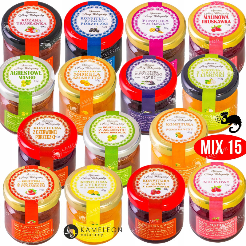 15x KONFITURA MARMOLADA DŻEM MUS POWIDŁA mix smaków MAŁY SŁOICZEK 40g 0,6KG