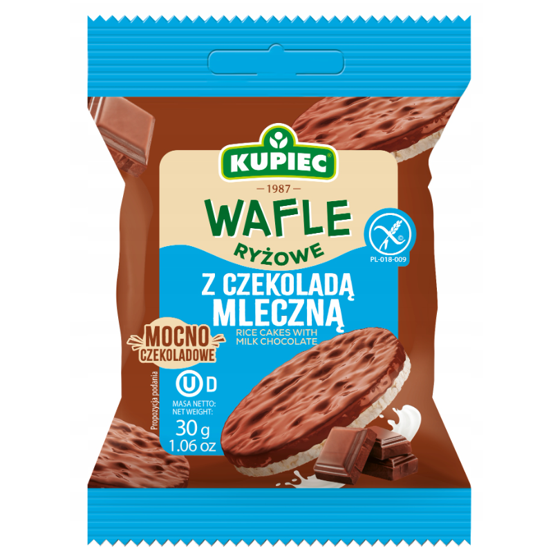Kupiec WAFLE RYŻOWE bezglutenowe W CZEKOLADZIE MLECZNEJ 30g