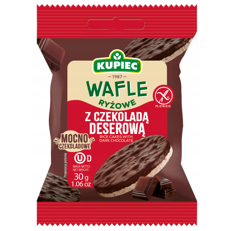 Kupiec WAFLE RYŻOWE bezglutenowe W CZEKOLADZIE DESEROWEJ 30g