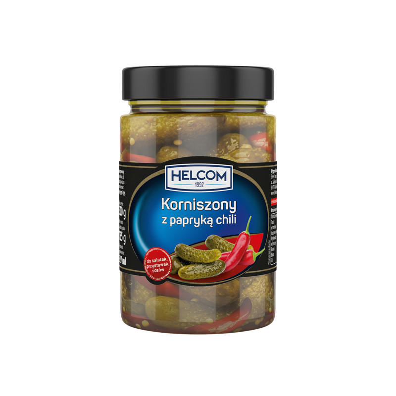 OGÓRKI KORNISZONY Z PAPRYKĄ CHILI pikantne 327ml słoik HELCOM