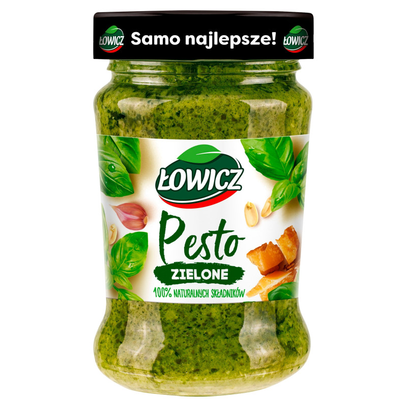 PESTO ZIELONE bazyliowe Z ORZECHAMI ARACHID. i WŁOSKIMI SERAMI 180g ŁOWICZ