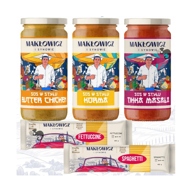 3x SOS TIKKA MASALA KORMA BUTTER CHICKEN 400g + 2x MAKARON GRATIS MAKŁOWICZ