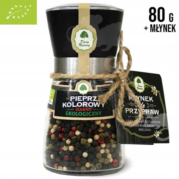 PIEPRZ KOLOROWY ziarno w ziarnie EKO 80g + MŁYNEK w młynku DARY NATURY PIEPRZ KOLOROWY ziarno w ziarnie EKO 80g + MŁYNEK w młynku DARY NATURY