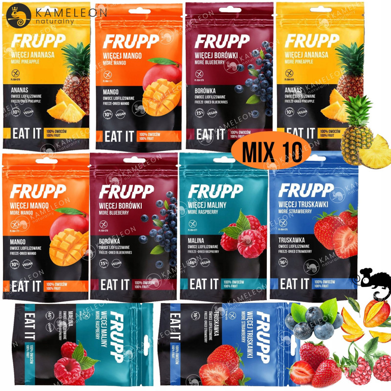 10x FRUPP OWOCE LIOFILIZOWANE TRUSKAWKA MALINA BORÓWKA ANANAS MANGO Celiko