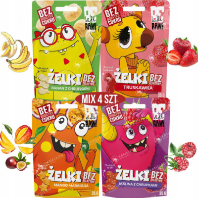 4x BERAW KIDS zdrowe ŻELKI bez cukru MIX smaków MALINA TRUSKAWK BANAN MANGO
